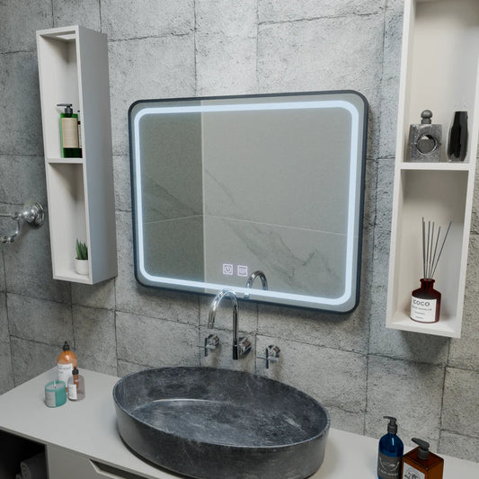 Rectangular LED Mirror 90x75cm Edge LUMINOUS Touch Defog System, Black Frame