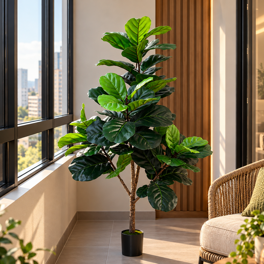 Artificial Ficus Tree Plant, 3 arms, 154 cm, Green, with Pot