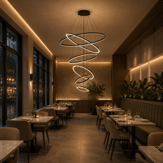 Hanging LED chandelier NARSAQ 222W, 6 Circles, Cold/Warm/Neutral light, Black, Adjustable Height