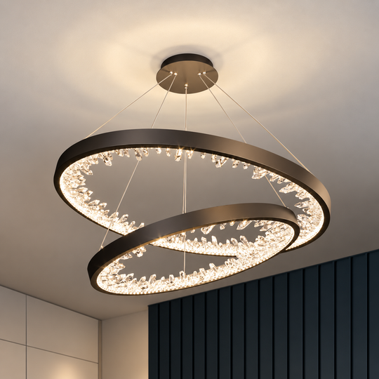 Suspended LED chandelier with remote control, 73W, 2 Circle, 60 cm, Cold/Warm/Neutral light, Dimmable, Black, Height Adjustable