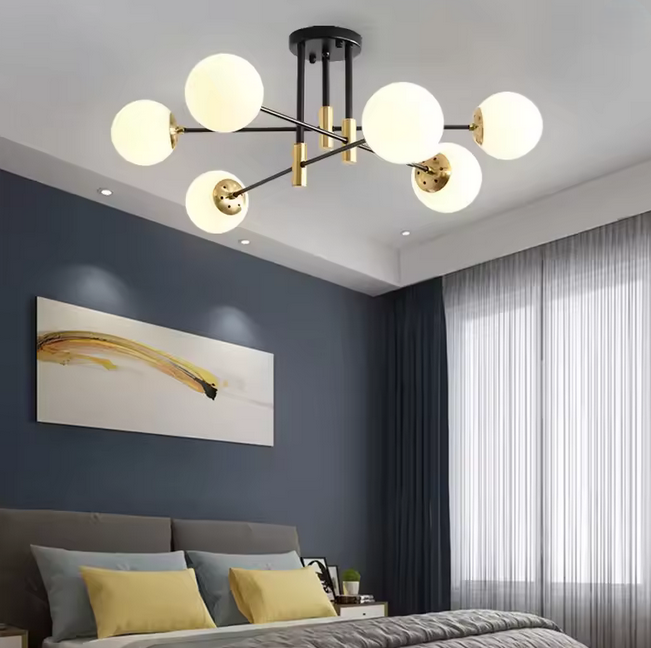 Chandelier with Round White Shade, PENTHOUSE Lounge, 6xE27, Black / Gold, Metal