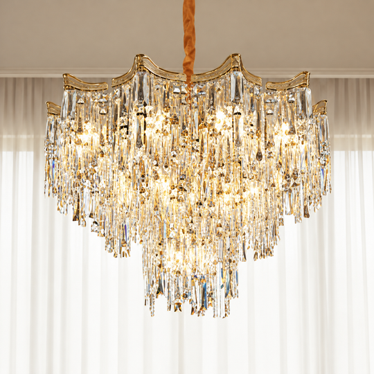 Crystal Chandelier VETRA Eleganza 9xE14, D50 cm, Gold, Adjustable Height, Metal and Crystal