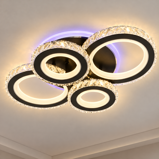 LED chandelier with remote control and crystal NOVA ROTONDA RGB 82W, 4 Circles, Cold/Warm/Neutral light, Dimmable, Black