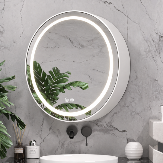 LED Mirror with Cabinet, Round, 10W, 50x50cm, Demist, Black Frame, Storage Space