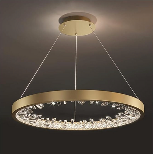 Suspended LED chandelier with remote control, K9 Crystals, 27W, 1 Circle, Cold/Warm/Neutral light, Dimmable, Gold, Height Adjustable