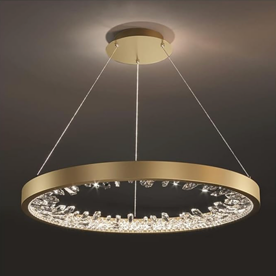 Suspended LED chandelier with remote control, K9 Crystals, 27W, 1 Circle, Cold/Warm/Neutral light, Dimmable, Gold, Height Adjustable