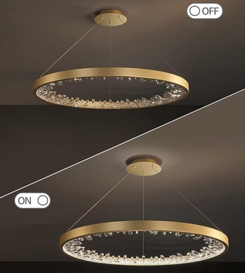 Suspended LED chandelier with remote control, K9 Crystals, 27W, 1 Circle, Cold/Warm/Neutral light, Dimmable, Gold, Height Adjustable