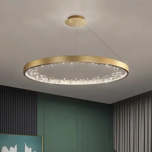 Suspended LED chandelier with remote control, K9 Crystals, 27W, 1 Circle, Cold/Warm/Neutral light, Dimmable, Gold, Height Adjustable