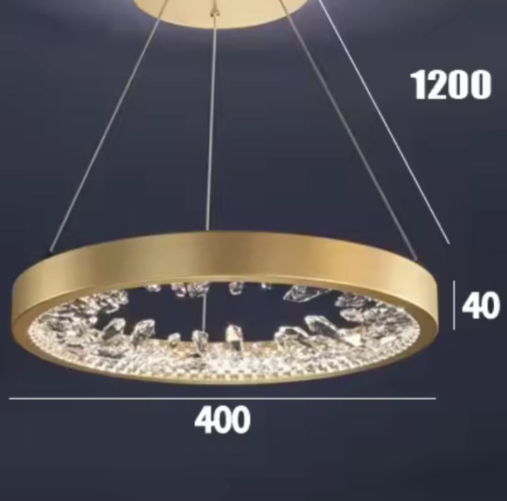 Suspended LED chandelier with remote control, K9 Crystals, 27W, 1 Circle, Cold/Warm/Neutral light, Dimmable, Gold, Height Adjustable