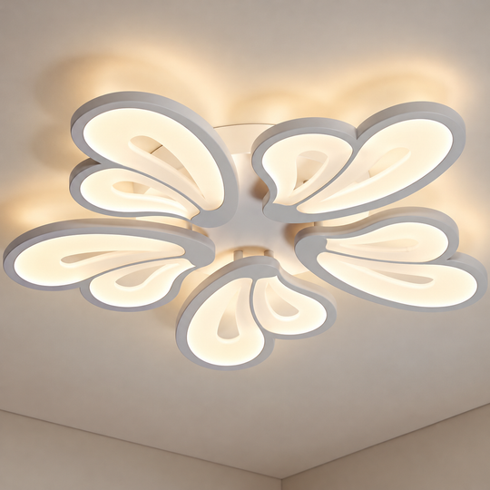 LED chandelier with remote control BLOSSOM 95W, 5 Petals, Cold/Warm/Neutral light 3000K/4000K/6000K, Dimmable, White, Metal and Acrylic