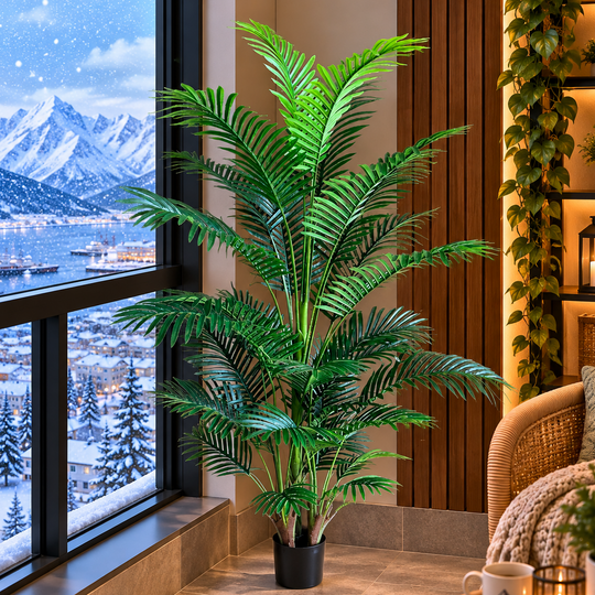 Artificial Kentia Palm Tree Plant, 3 stems, 30 leaves, 190 cm, Green, with Pot