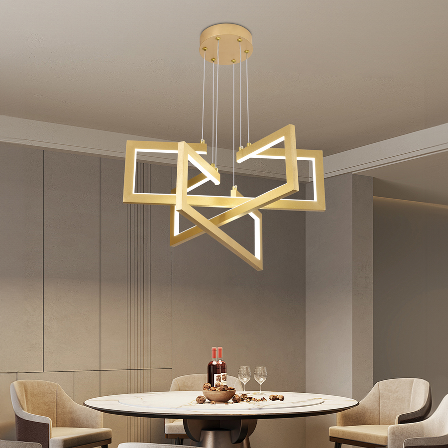 LED chandelier with remote control, Suspended 73W, 3 Elements, Cold/Warm/Neutral light, Dimmable, Adjustable height, Gold