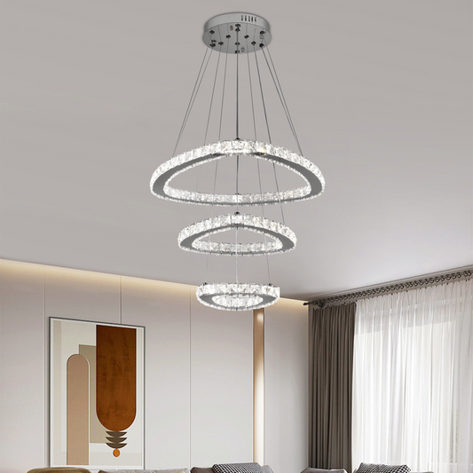 Suspended LED chandelier with remote control and crystal LLC131/3CH 61W, 3 Circles, Cold/Warm/Neutral light, Dimmable, Shiny Chrome, Adjustable Height
