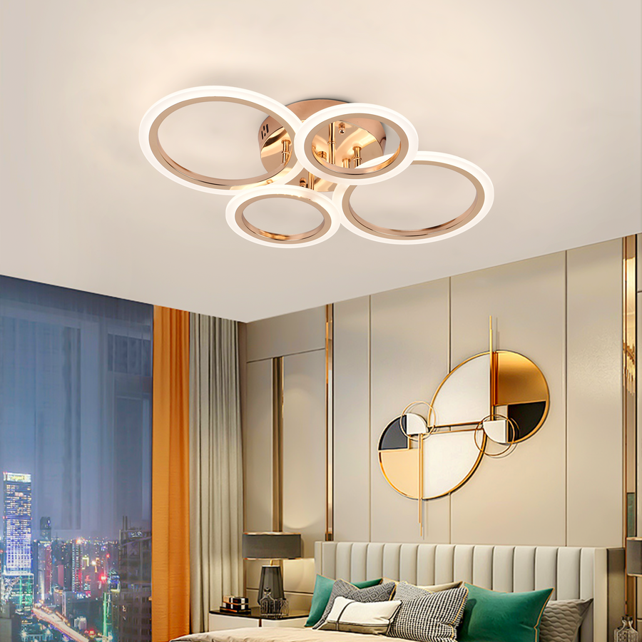 LED chandelier with remote control BETTY 44W, 4 Circles, Cold/Warm/Neutral light, Dimmable, Shiny Gold