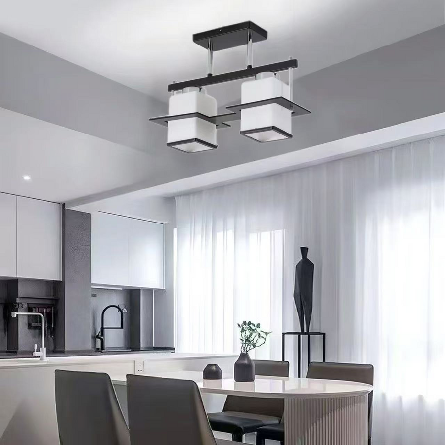 Classic Aramis Chandelier with Wood Square Lampshade 2 X E27 Socket Black White