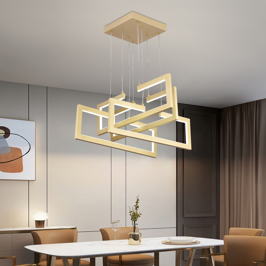 LED chandelier with remote control, Suspended 98W, 4 Elements, Cold/Warm/Neutral light, Dimmable, Adjustable height, Gold