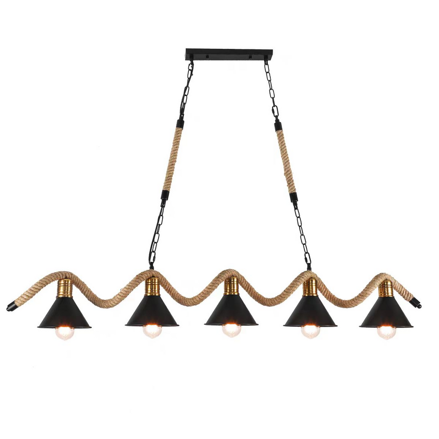 Rope Chandelier, 5*E27, Brown, Metal and Rope