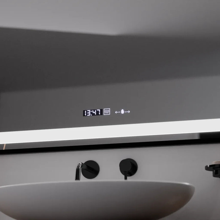 Rectangular LED Mirror, 100x70cm, Verite Majeste Noir Motion Glow Marcello, Demister System, Clock & Thermometer, Dimmable