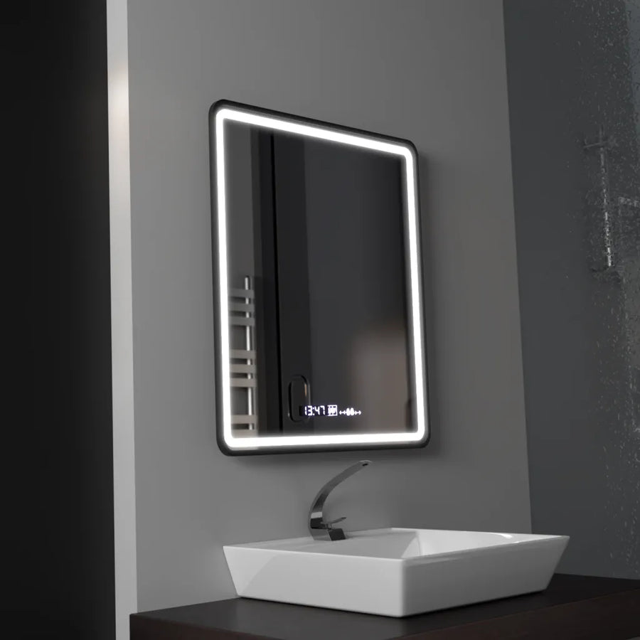 Rectangular LED mirror, 75x90cm, Favola MotionGlow Marcello, Demister System, Clock & Thermometer, Dimable