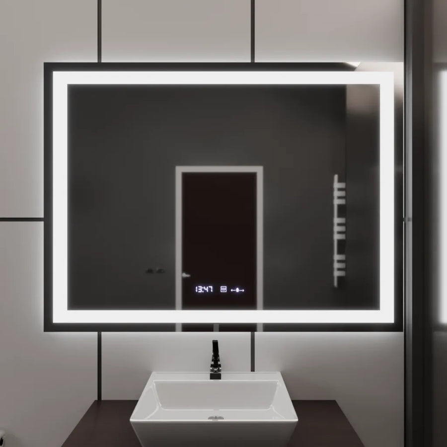 Rectangular LED mirror, 100x75cm, Verite MotionGlow Marcello, Demister System, Clock & Thermometer, Dimmable