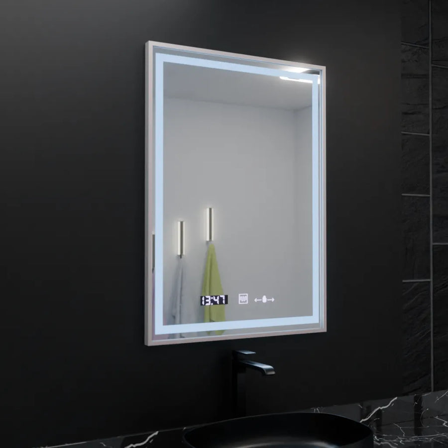 Rectangular LED mirror, 60x80cm, Verite Imperial Silver Motion Glow Marcello, Demister System, Clock & Thermometer, Dimmable