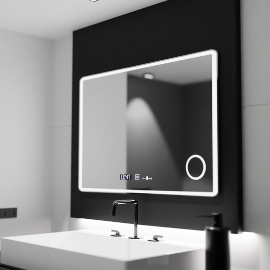 Rectangular LED mirror 120x80 Aura Riflesso Puro MotionGlow Marcello, Demister System, Thermometer and Clock, Dimmable