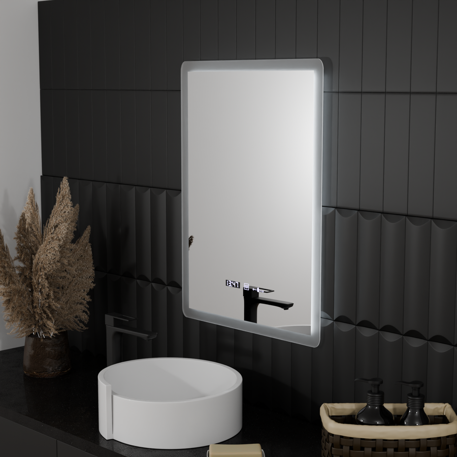 Rectangular LED mirror, 50x70cm, Zampa MotionGlow Marcello sensor, De-fogging system, Clock & Thermometer, Dimmable