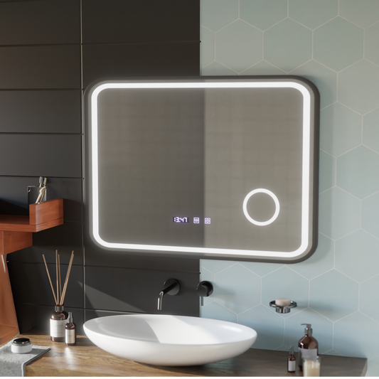 Bernd Touch LED Mirror Defog System, Clock and Temperature 80x60 cm Brushed Black Frame Cosmetic Magnifier