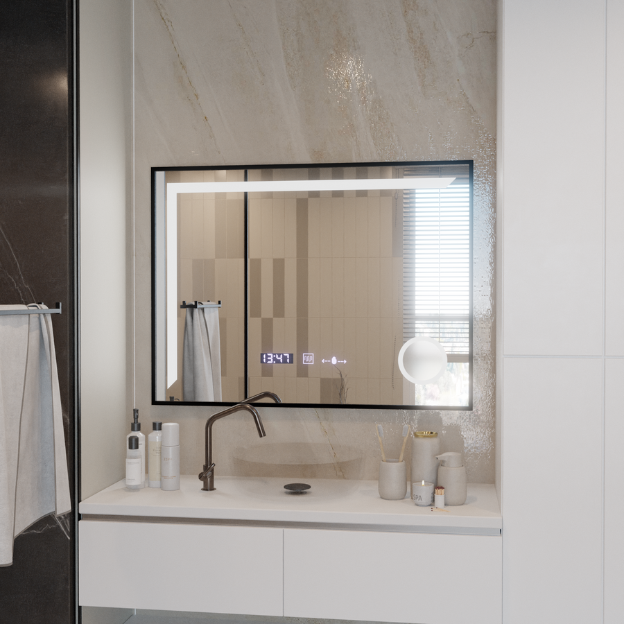 LED Mirror Francesca MotionGlow Sensor 80x60 cm Warm/Cold/Neutral Light Dimmable Frame Black Brushed Demisting System Thermometer Clock Marcello Funghi Collection