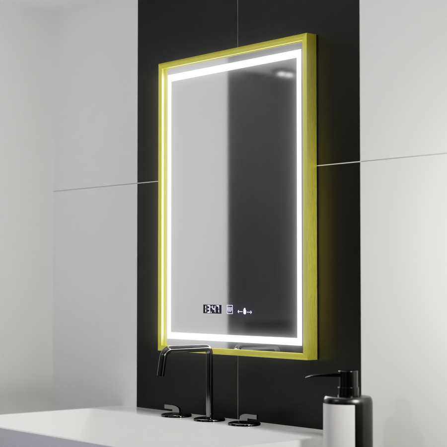 Rectangular LED mirror, 50x70cm, Verite Royale Gold Motion Glow Marcello, Demister System, Clock & Thermometer, Dimmable
