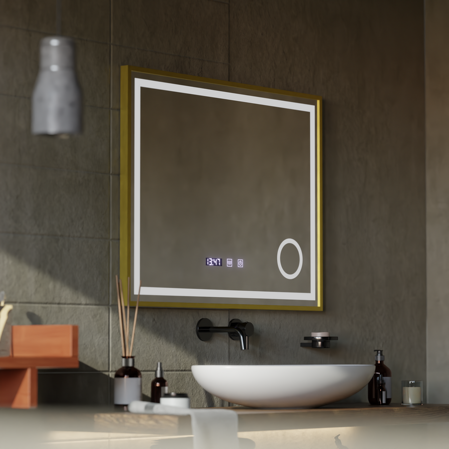 CLARUS Touch LED Mirror De-fogging System, Clock and Temperature 80x60 cm Brushed Gold Frame Cosmetic Magnifier
