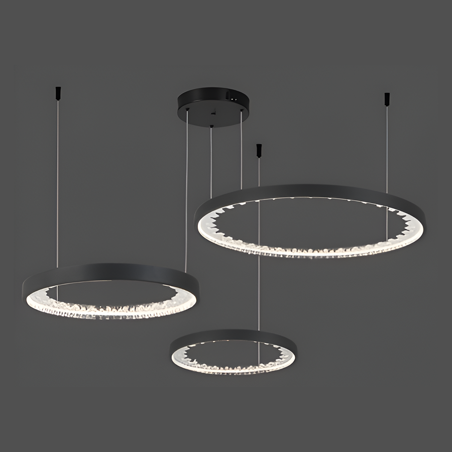 Suspended LED chandelier with remote control, K9 Crystals, 80W, 3 Circles, Cold/Warm/Neutral light, Dimmable, Black, Height Adjustable