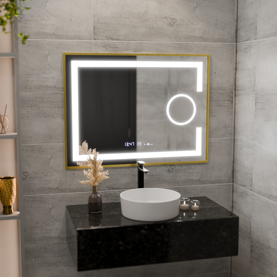 Rectangular LED Mirror, 80x60cm, Eclat MotionGlow Marcello, Defog System, Clock & Thermometer, Cosmetic Magnifier, Dimable, Brushed Gold Frame Marcello Mirrors Default Title Alessandro Design