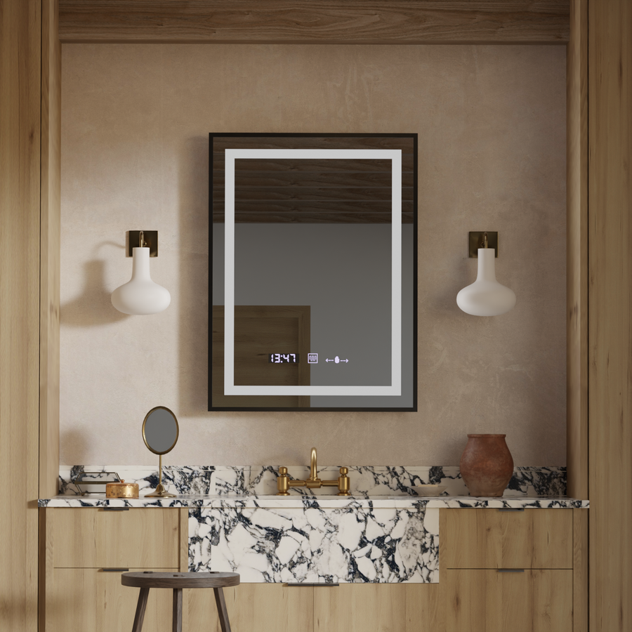 Rectangular LED mirror, 60x80cm, Verite Majeste Noir Motion Glow Marcello, Demister System, Clock & Thermometer, Dimmable