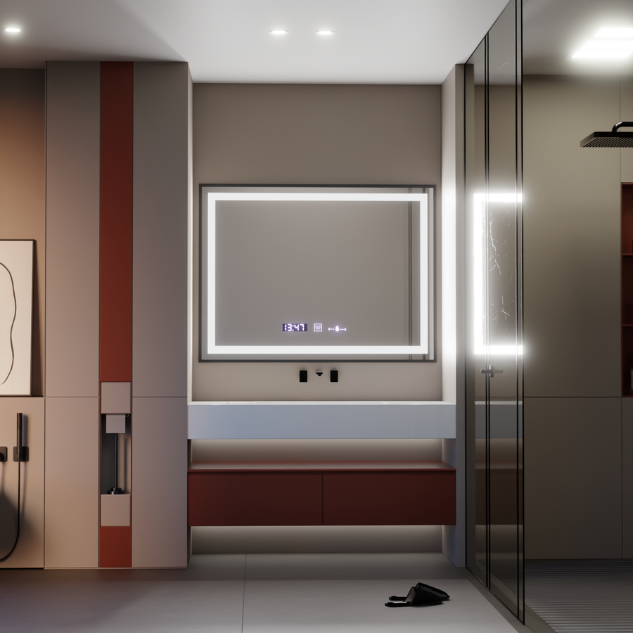 Rectangular LED mirror, 80x60cm, Verite Majeste Noir Motion Glow Marcello, Demister System, Clock & Thermometer, Dimmable