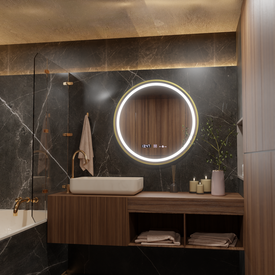 LED Mirror MotionGlow Sensor Faratya Defog System Thermometer and Clock Brushed Gold Frame Round Diameter 100 cm Dimmable Cold/Warm/Neutral Light Marcello Funghi Collection