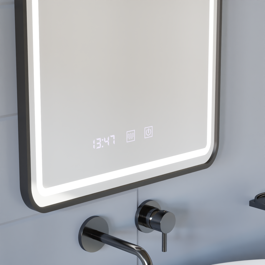 Mirror LED Touch LUCIDA Defogging System, Clock and Temperature 60x80 cm Brushed Black Frame