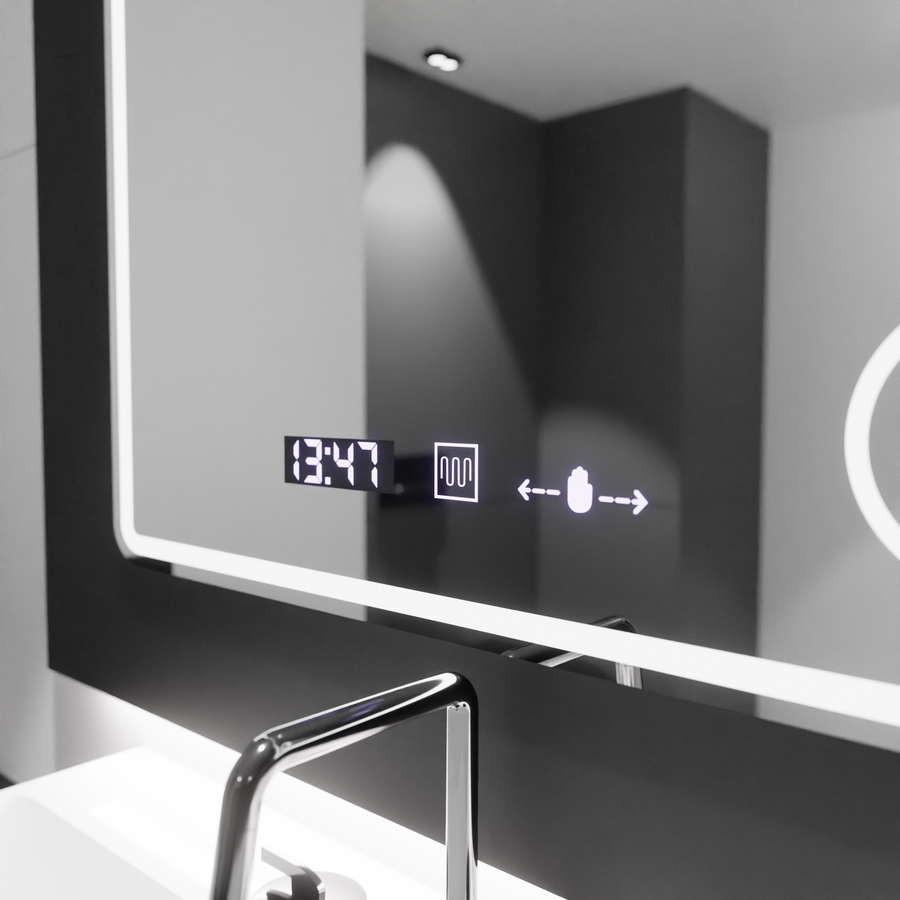 Rectangular LED Mirror, 90x75cm, Riflesso MotionGlow Marcello, Demister System, Clock & Thermometer, Cosmetic Magnifier, Dimable