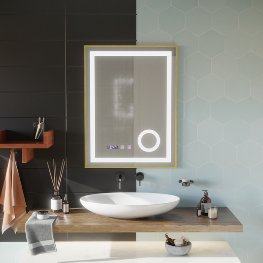 CLARUS LED Touch Mirror De-fogging System, Clock and Temperature 60x80 cm Golden Frame Brushed Cosmetic Magnifier