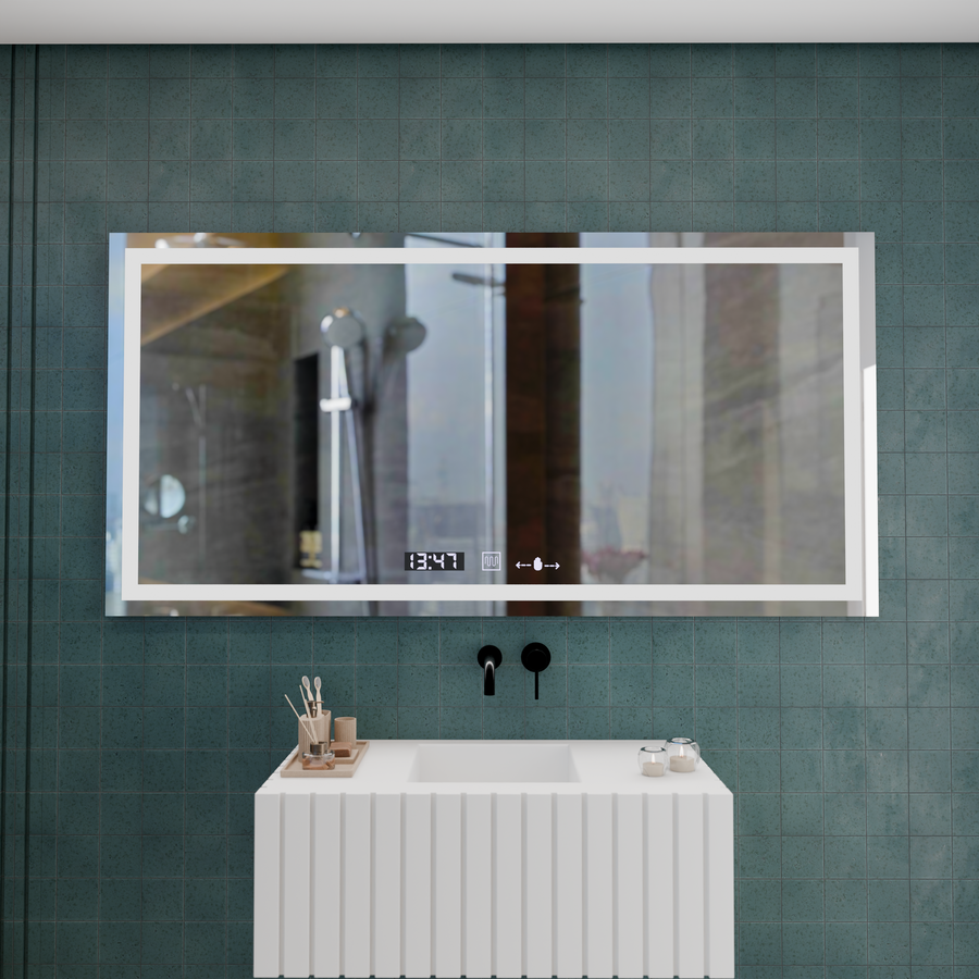 Rectangular LED mirror, 120x60cm, Verite MotionGlow Marcello, Demister System, Clock & Thermometer, Dimmable