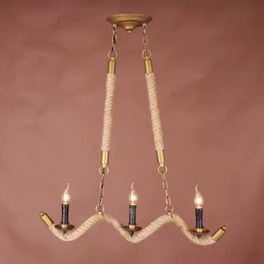 Rope Chandelier, 3*E27, Brown, Metal and Rope