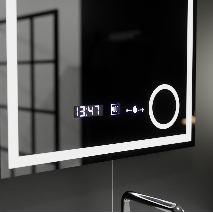 Rectangular LED Mirror, 60x60cm, Souverain MotionGlow Marcello, Demister System, Clock & Thermometer, Cosmetic Magnifier, Dimable