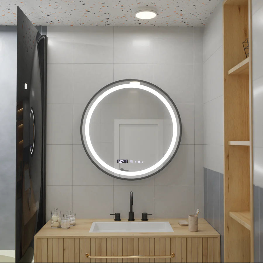 LED Round Mirror, 60cm, Celeste Majeste Noir Eleve MotionGlow Marcello, Demister System, Clock & Thermometer, Dimmable