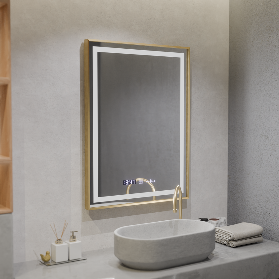 Rectangular LED mirror, 60x80cm, Verite Royale Gold MotionGlow Marcello, Demister System, Clock & Thermometer, Dimmable