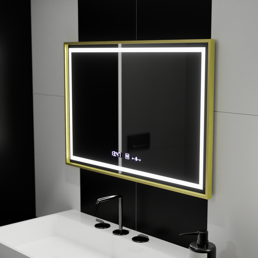 Rectangular LED Mirror, 100x65cm, Verite Royale Gold Motion Glow Marcello, Demister System, Clock & Thermometer, Dimmable