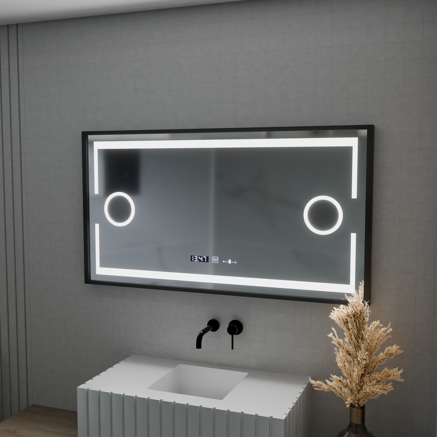 Domingo MotionGlow Sensor LED Mirror with Defog Function Thermometer Clock 120x65 cm Dimmable Cold/Warm/Neutral Light, Brushed Black Frame, Marcello Funghi collection