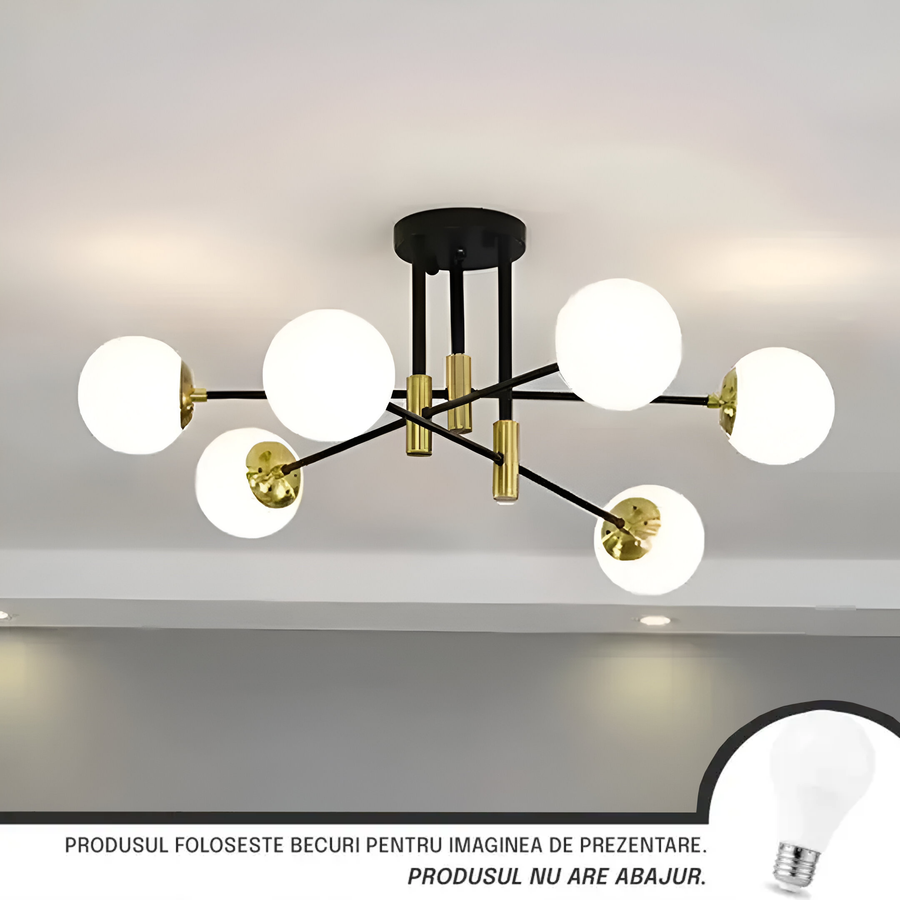 Chandelier with Round White Shade, PENTHOUSE Lounge, 6xE27, Black / Gold, Metal