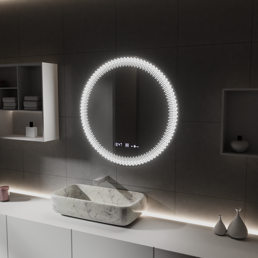 LED Round Mirror W47/60X60, 60cm, MotionGlow Marcello, Demister System, Clock & Thermometer, Dimmable