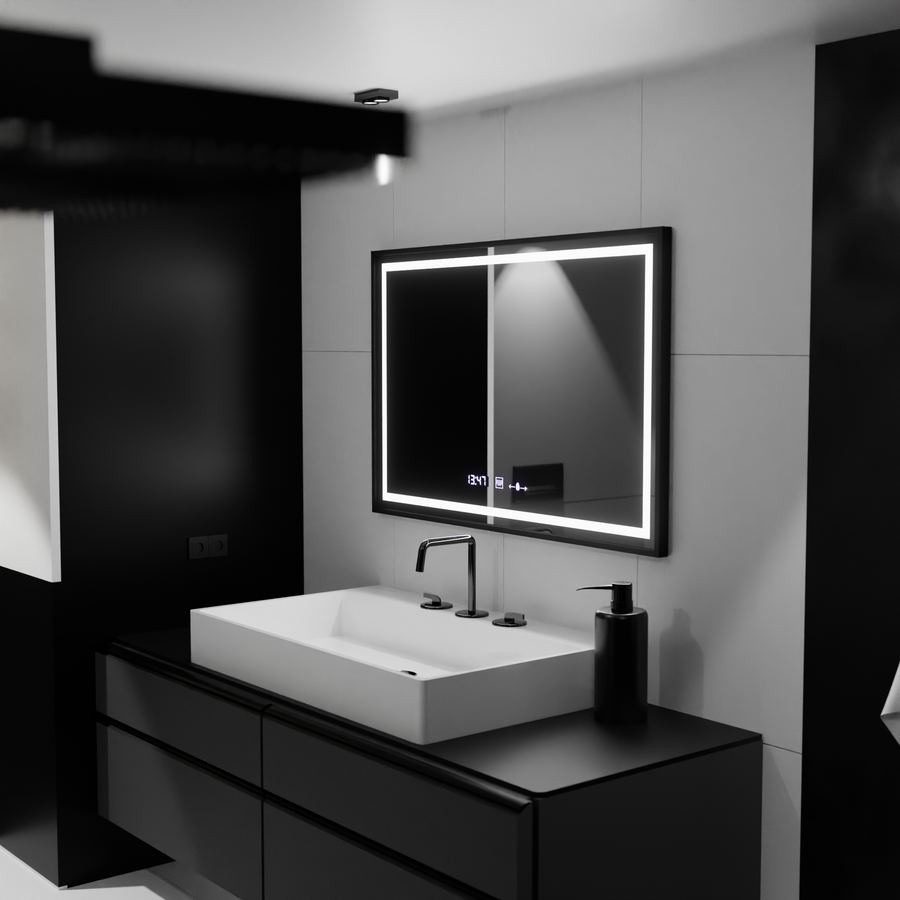 Rectangular LED mirror, 100x80cm, Verite Majeste Noir MotionGlow Marcello, Demister System, Clock & Thermometer, Dimmable