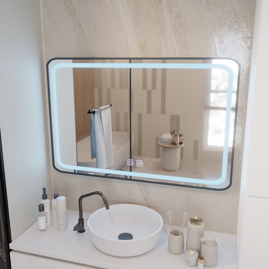 Rectangular LED Mirror 100x65cm – Edge LUMINOUS Touch Defog System, Black Frame